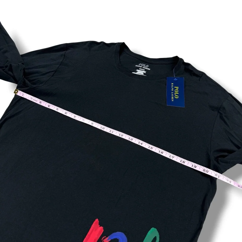 Polo‎ Ralph Lauren Mens Black Long Sleeve Rainbow Script Logo Graphic T-Shirt M